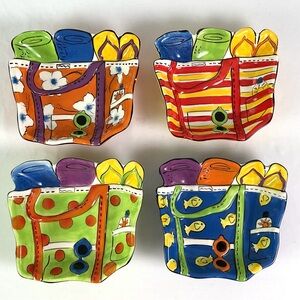 Clay art – handmade, and hand painted-summer fun tote serving dishes-set of four